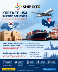 Shipixer promotional poster for Korea to USA shipping solutions featuring international air and sea freight, e-commerce logistics, commercial cargo, customs support, shipment tracking, and trilingual information in English, French, and Persian. The design includes the Shipixer logo, cargo aircraft, container ship, shipping route between South Korea and the United States, branded shipping boxes, and a call-to-action for requesting a quote.